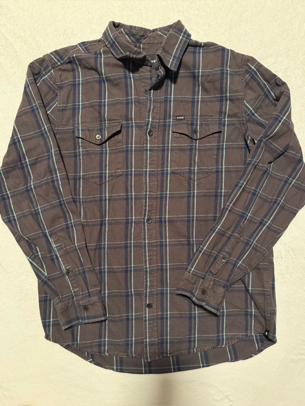 Men's Hurley Grey Plaid Button-Up Flannel with Blue Stripes